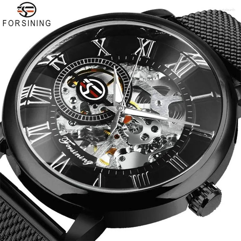 Armbandsur Forsining Classic Retro Mechanical Watches Luminous Hands Luxury Skeleton Watch for Men Black Mesh rostfritt stål Rem klocka