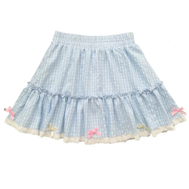 Kawaii lolita blå rutig mini kjol kvinnor harajuku y2k estetiska båge korta kjolar japansk preppy stil veckad älva 2024 240408