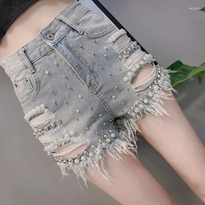 Women's Jeans Club en détresse Ripped Korean Fashion Summer Sexy 2024 Femmes Denim Shorts lâches Casual High Waid-Lighed Pearl