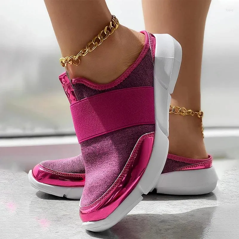 Casual skor sneakers kvinnors färgblock andningsbara mulor kvinnor glider på platta kilplattform zapatillas