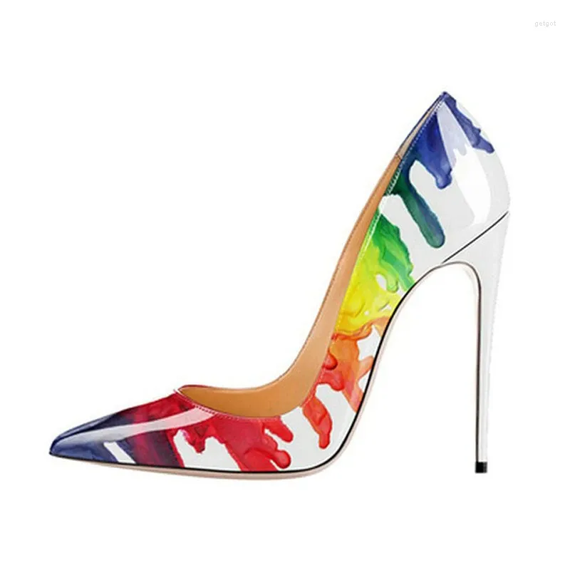 Dress Shoes Woman Splash Watercolor Printed Leather High Heels Multicolor Wedding Pump Thin Heeled Party Pointed Toe