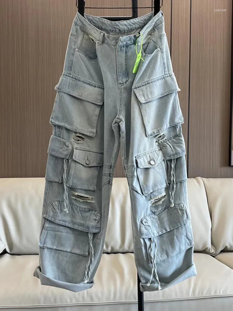 Personnalité de jeans pour femmes Straight High Streetwear Streetwear Automne Washed Ripped Multi-Pocket Overship-Leg-Leg Pantal