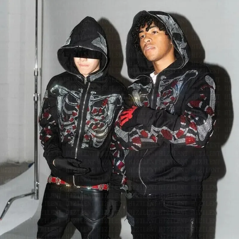 Y2K 00s Street Snake Hoodie Black L デカロゴ Y2K Hoodie Women Men Skull Skeleton Snake Rhinestone Print Gothic