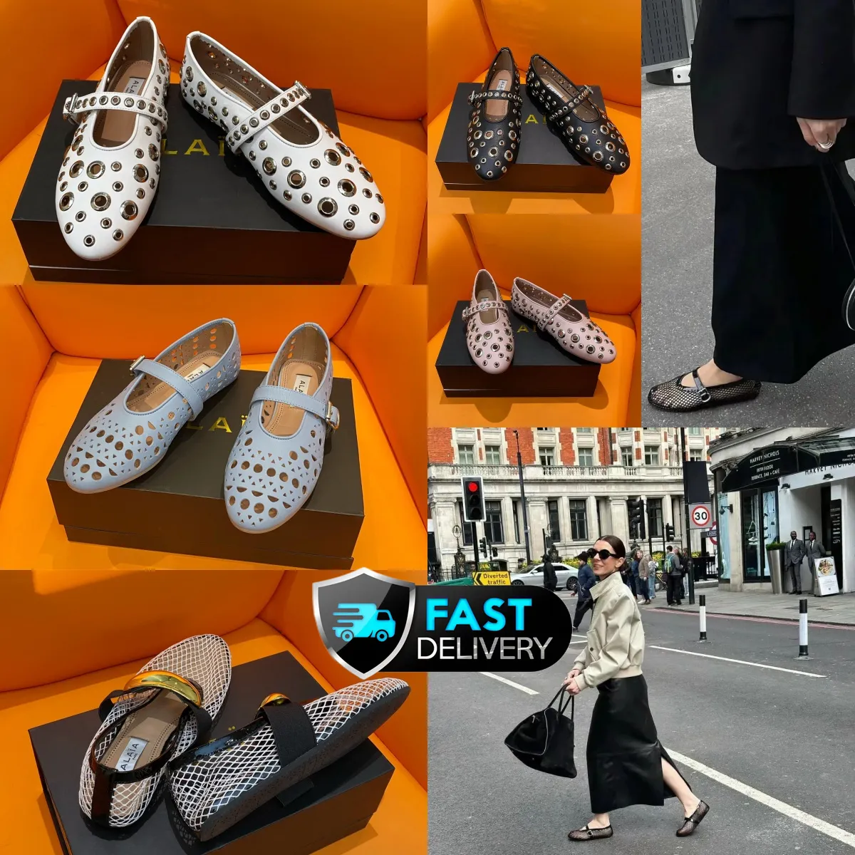 With Box Designer Sandal slipper slider flat dressing shoes dancing Women round toe Rhinestone Boat shoes Luxury leather riveted buckle shoes size 35-40 GAI black