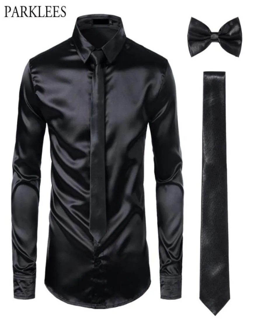 Black Mens Silk Dress Shirts 3PCS -Shirt Tiebowtie Smooth Satin Shirt Men Slim Fit Party Prom Casual Shirts Men Social Camisa 201284365