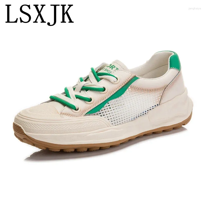 Sapatos casuais LSXJK Retro Mesh Leather Feminino 2024 Summer respirável Branco Flat All-Match