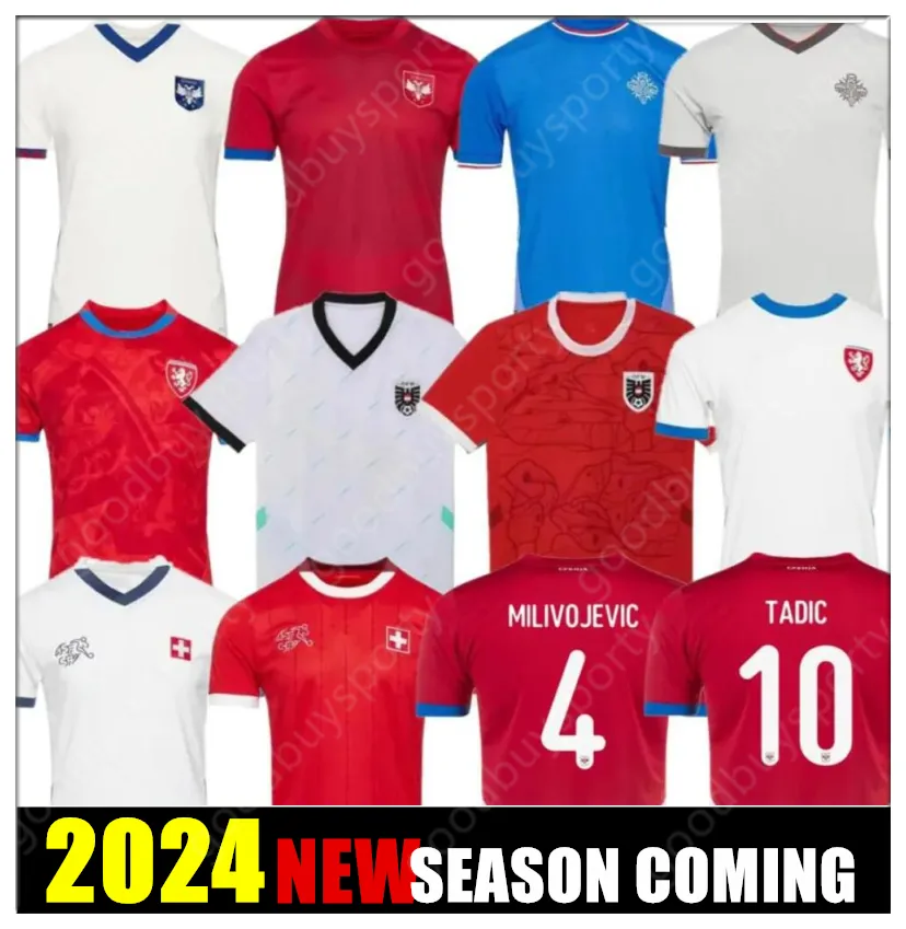 New Oostenrijk Tsjechië 2024 Euro Cup voetbaltruien Zwitsers Red Blue White IJsland Sportvoetbal Shirts Sportswear Servië Camisola Home Away Men Uniform