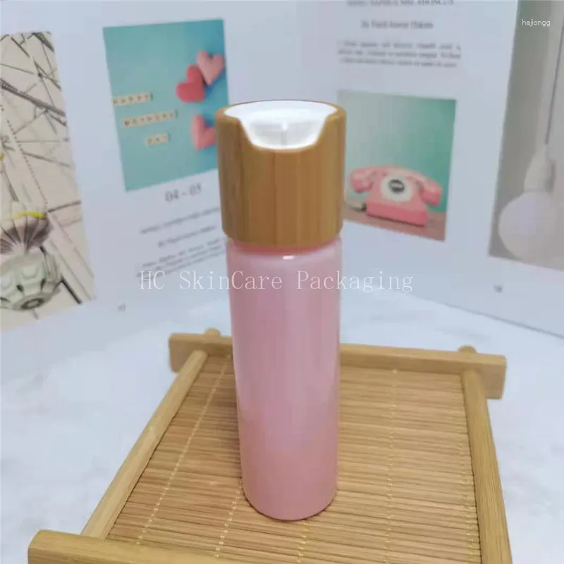 Storage Bottles Free Sample Empty Bamboo Disc Cap Shampoo Container In Stock Goods Flat Shoulder PET Plastic Bottle Cosmetic Packaging