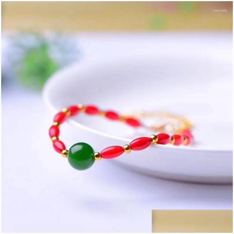 Beaded Strand Wholesale Light Red Natural Crystal Bracelets Rice Shape Bead Bracelet Lucky For Women Girl Single Lap Jewelry Drop Deli Dhqql