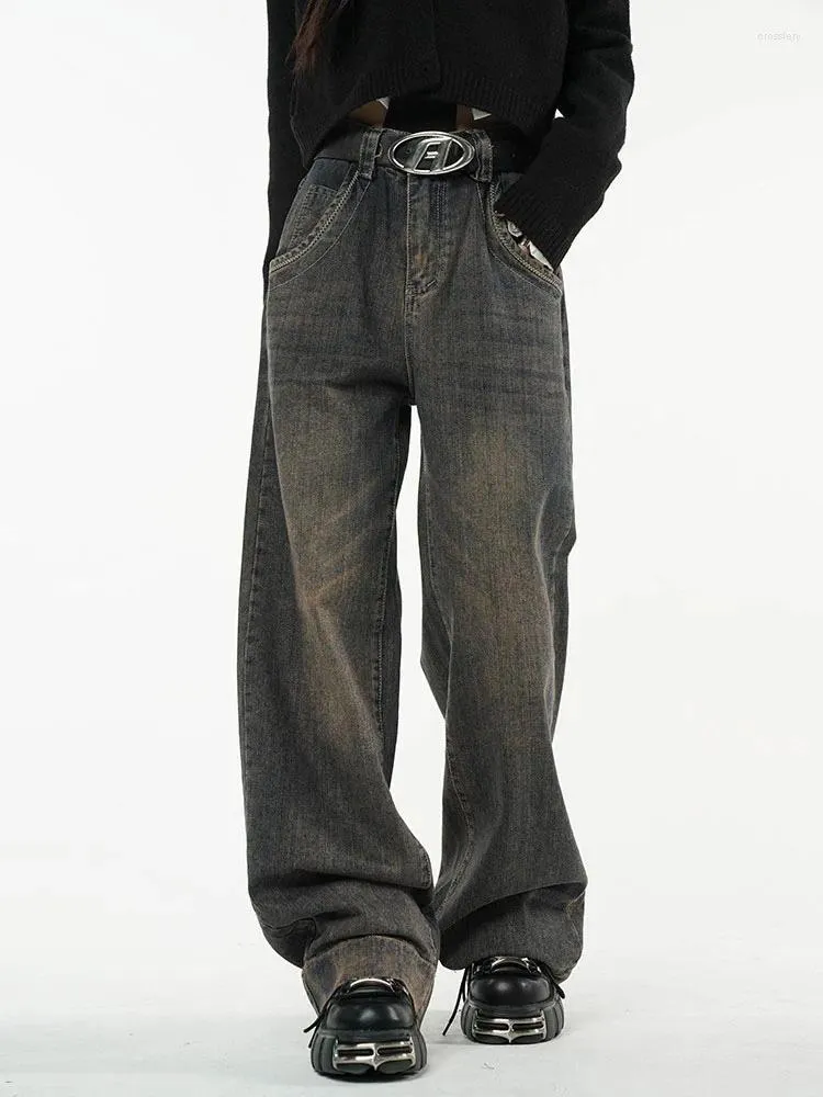 Kvinnors jeans 2024 vinter vintage svart hög midja kvinnor amerikanska mode streetwear brett ben denim byxor raka baggy byxor