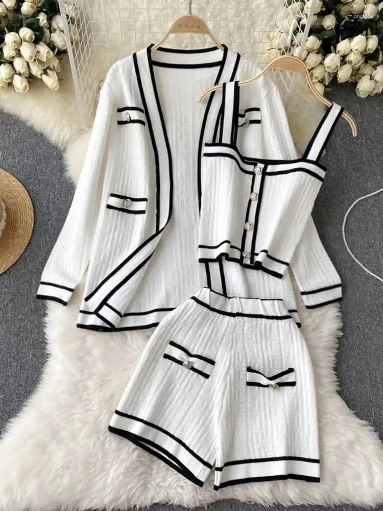 Skirts Casual Long Sleeve V Neck Cardigan Jacket Sling Vest High Waist Shorts Quality Chic Button Knitted Vintage 3 Piece Sets