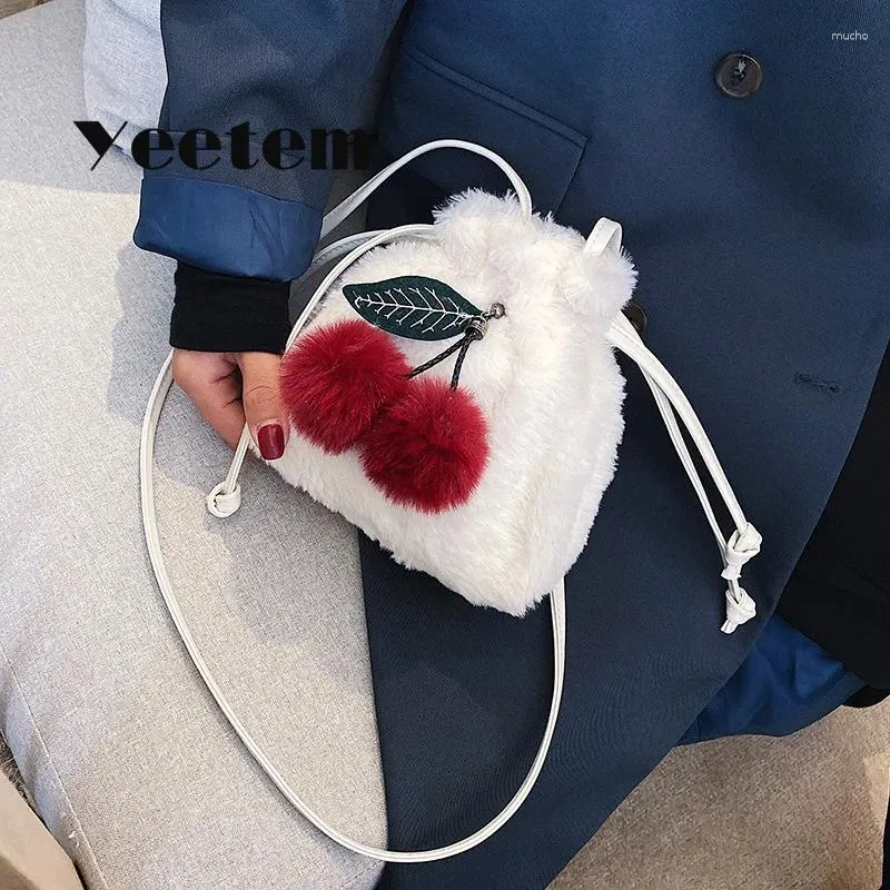 Bag Plush Cherry Lovely Drawstring Women'S 2024 Winter Soft Cute Personality Shoulder Fruit