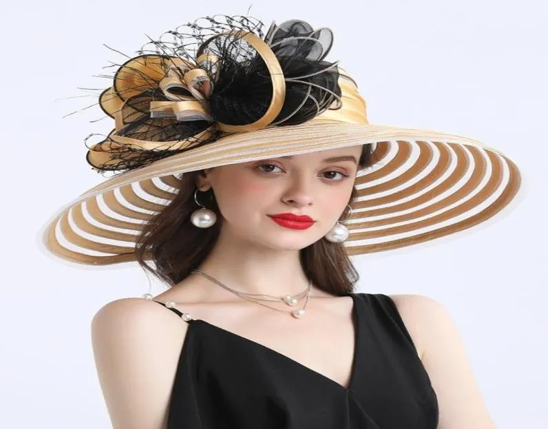 Elegant Women Feather Flower Striped Kentucky Derby Hat 16cm Wide Brim Church Dress Sun Hat Lady Summer Beach Party Wedding Hat Y21329041