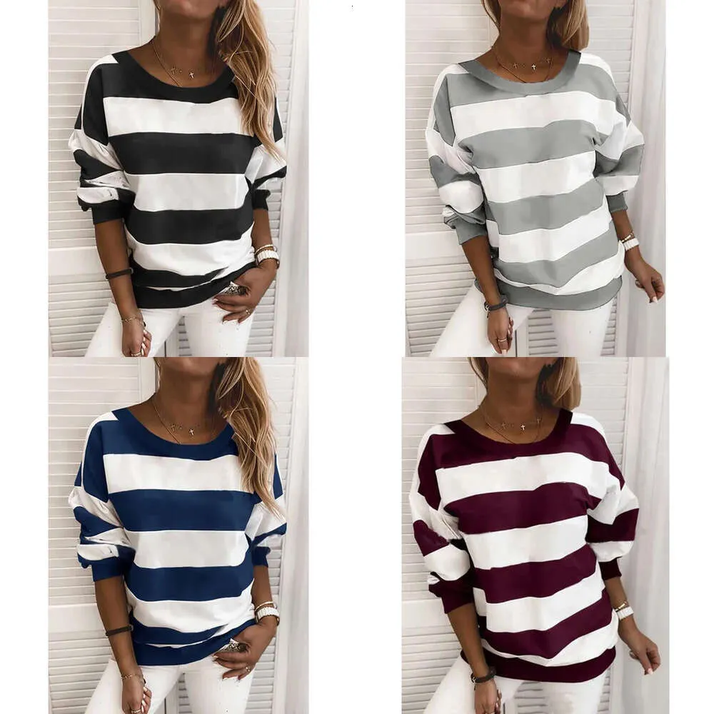 Yatay Kadın Stripes Sweatshirtler Külot Üst Moda Günlük Uzun Kollu Yuvarlak Boyun Sweatshirt Sonbahar Kış Gevşek Giysileri Kadın İçin