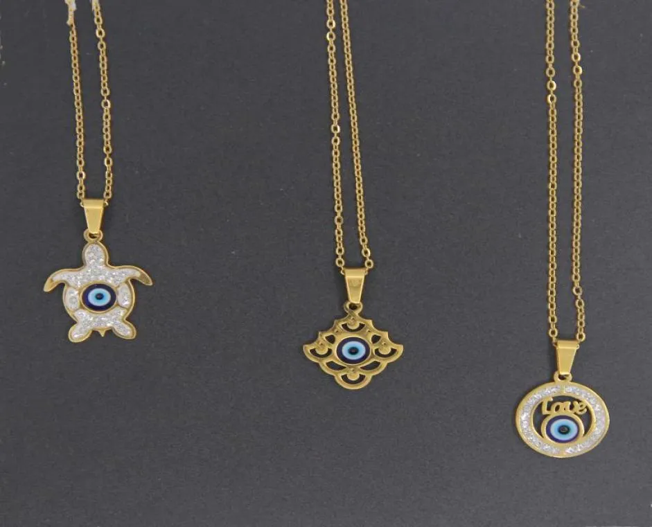 Colliers pendants Collier bleu en acier inoxydable Verre turque et pierre cristalline Or pas de couleur de fonte des bijoux 2709935