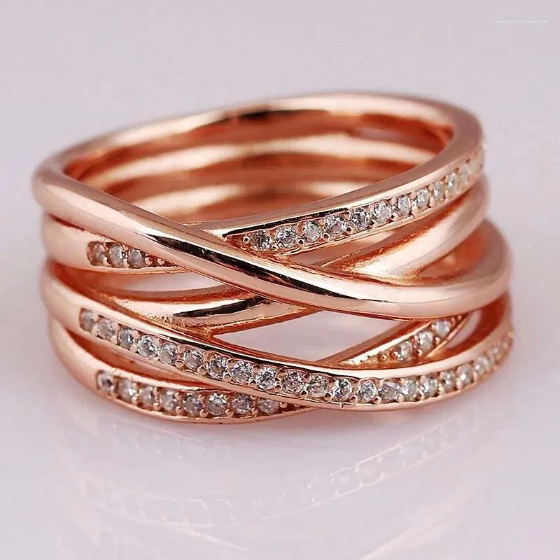 Cluster Rings Rose Gold OpenWork Eternity Entwined Crystal for Women 925 Sterling Ring Wedding Party Gift Europe Juvelera