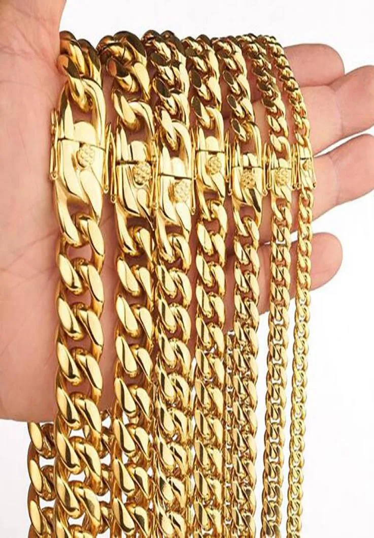 Stainless Steel Jewelry 18K Gold Plated High Polished Miami Cuban Link Necklace Curb Chain 8mm10mm12mm14mm16mm18mm3258198