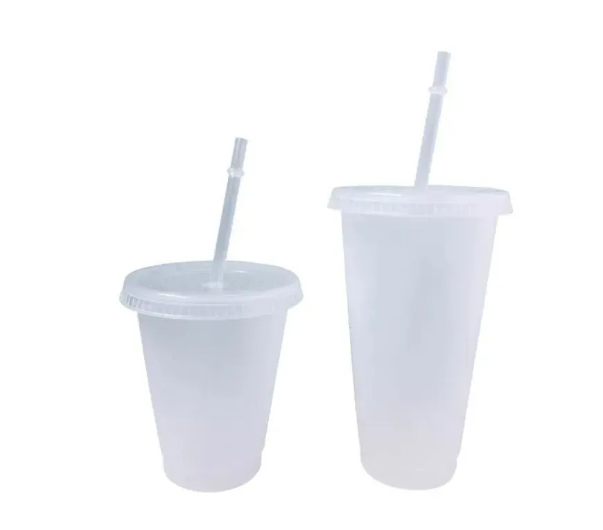 24 unz przezroczysty kubki plastikowe kubki przezroczysty kubek Summer wielokrotnego użytku na zimno do picia kawy z pokrywką i słomką LL