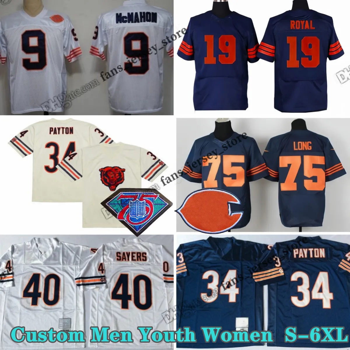 Custom S-6xl Vintage 34 Jersey de futebol Walter Payton 41 Brian Piccolo 72 William Perry 19 Eddie Royal 89 Mike Ditka 90 Julius Peppers 54 Brian Urlacher Sayers Adicionar patch