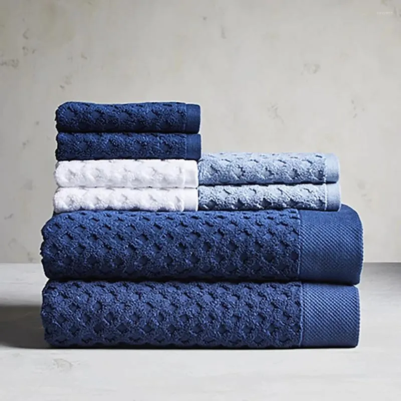 Serviette de luxe coton signature texturée douce 8 pièces ensemble bleu zéro torsion coton - sec et absorbant