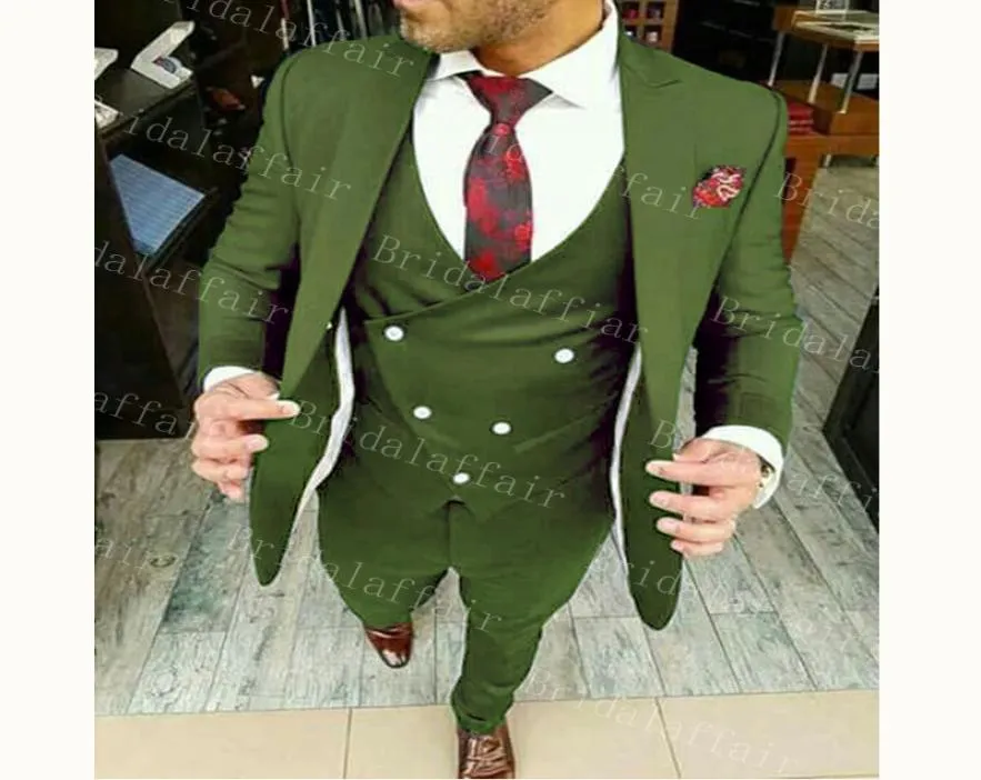 Olive Green Mens Suits For Groom Tuxedos 2019 Peaked Lapel Slim Fit Blazer Three Piece Jacket Pants Vest Man skräddarsydd kläder3956423