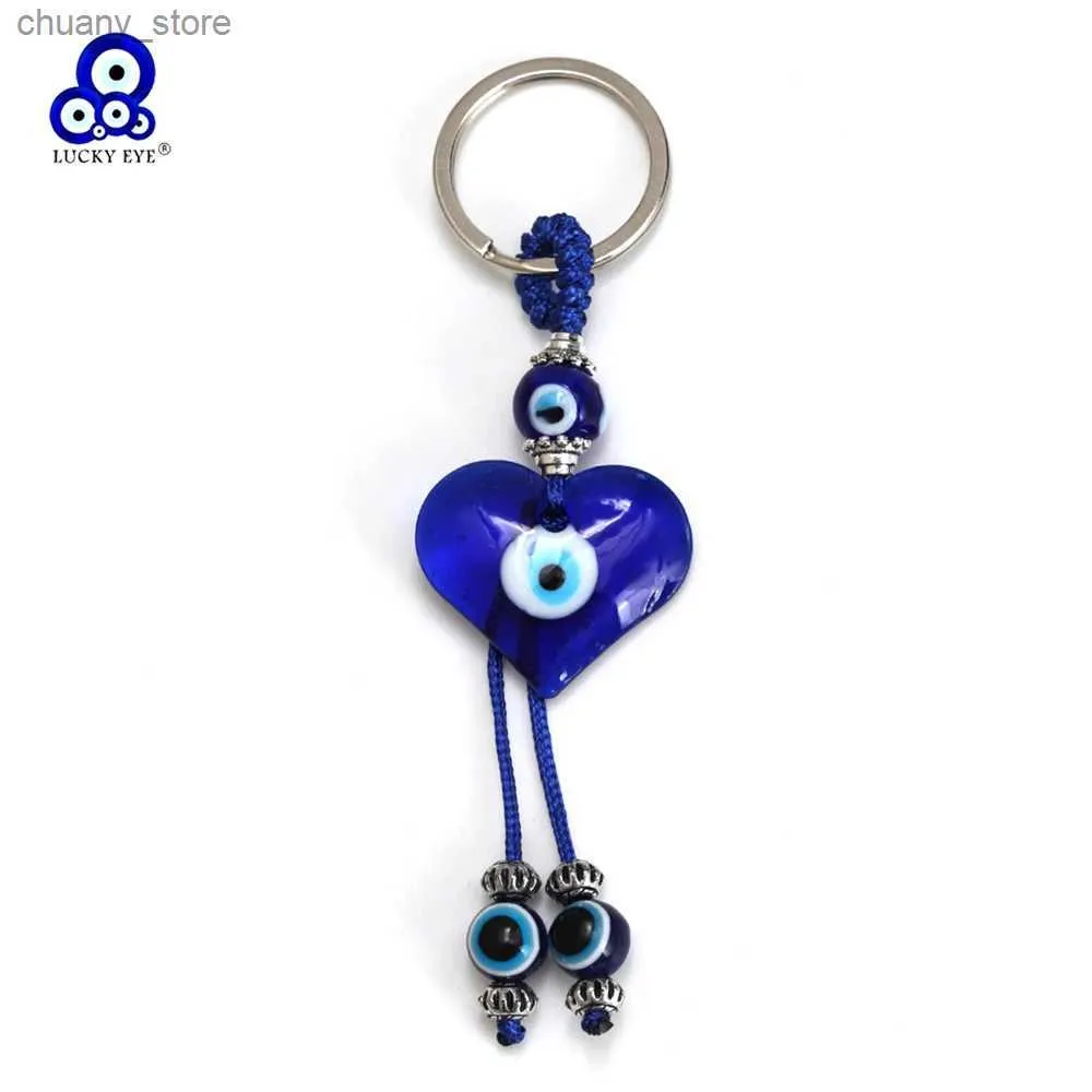 Klapety smyczy Lucky Eye Glass Serce wisiorek brelok Turkish Evil Eye Bead Tassel Łańcuch kluczyka torba kluczyka Llavero Porte Cl Y240417