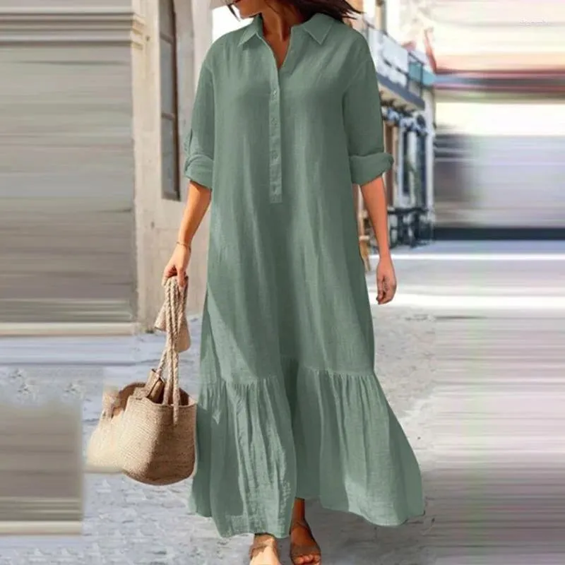 Casual Dresses Fashion Patchwork Ruffle Long Shirt Dress Lady Vintage Solid Full Sleeve Button Women Lapel Straight Maxi