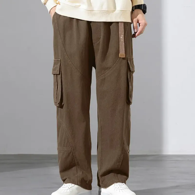 Men's Pants Men Wide Loose Solid Color Multi Pockets Deep Crotch Elastic Waist Soft Breathable Streetwear Long Trousers