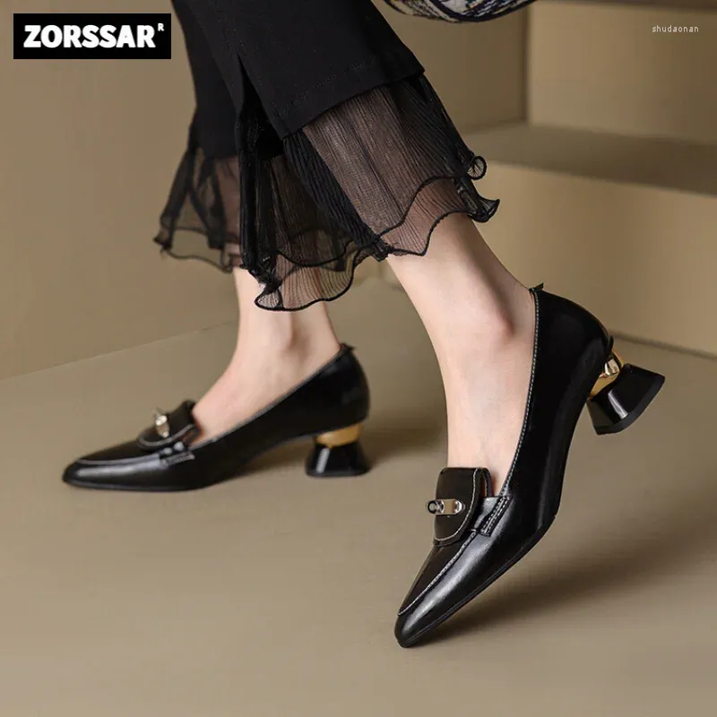 Dress Shoes Large Size For Women Pointed Toe Pumps Genuine Leather 4CM Mid Heel Office Wedding Zapatos Mujer