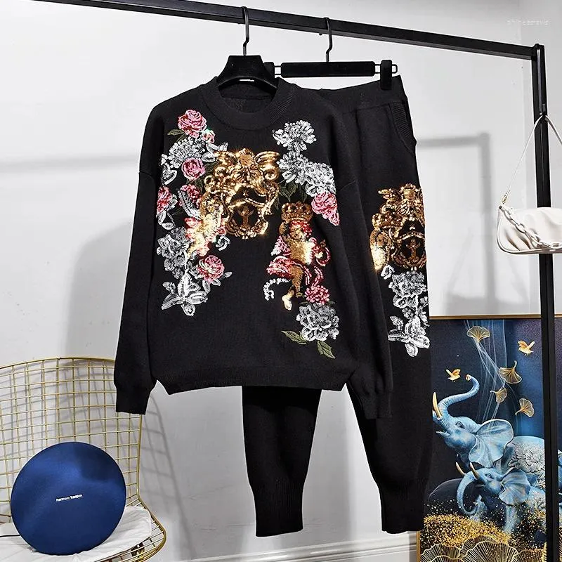 Women's Two Piece Pants Autumn Fashion Sequins Flowers Knitted Tracksuit Set Women Loose Korean Gray Black White Sweater Pencil 2pc Outfits