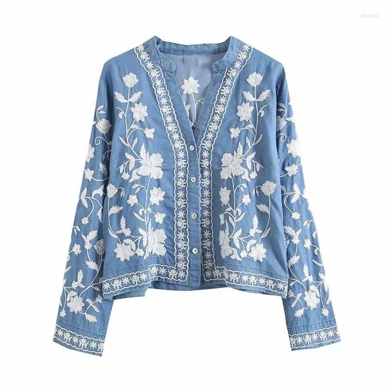 Women's Blouses Women Denim Cardigan Blouse Embroidery Drop-shoulder Button Up Jeans Kimono Soft Summer