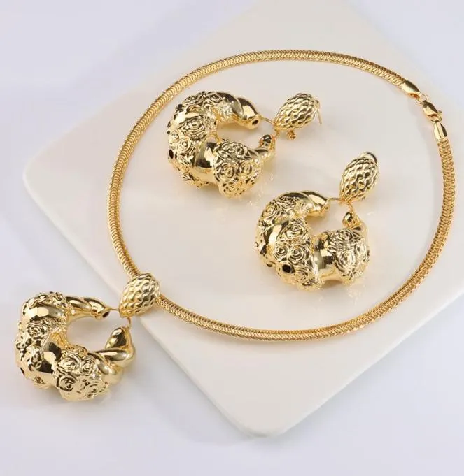 Earrings Necklace African Jewelry Set Fashion Dubai Wedding Rose Pendant For Bridal Design Gold Plated Nigerian Accessories4245098