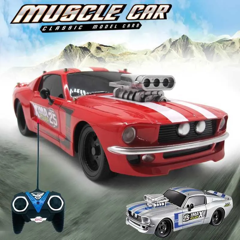 Diecast Model Cars 1 16 RC CAR RETRO Ford Mustang Model 4-Channel Remote Control Car 27MHz With Music Lights Childrens Christmas Gift Toy J240417