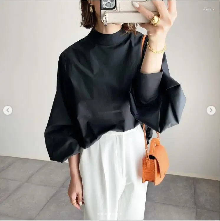 Women's Blouses 2024 Summer Wear Japanese Fashion Casual Round Neck Waist Fit Black Bow Tie Shirt Bottom Long Sleeve Top