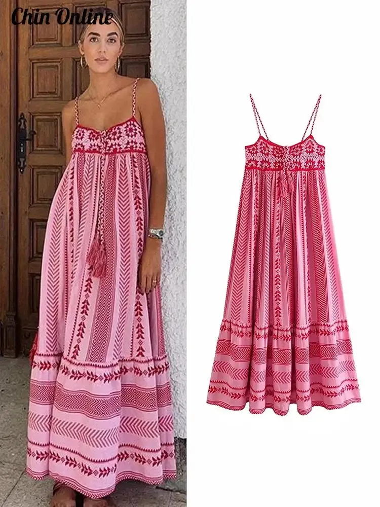 Embroidery Knitted Maxi Dress Women Sleeveless Spaghetti Strap Long Dress Pleated Summer Beach A-line Square Collar Vestidos 240415