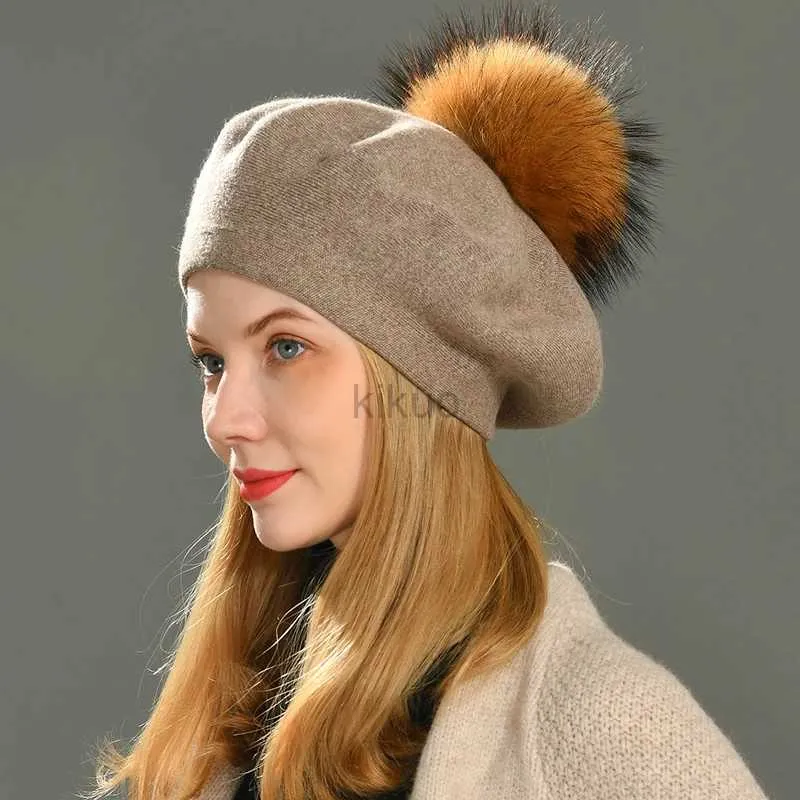 Boinas jaxmonoy inverno boina feminina chapéu grande guanco de guaxinim de pompom pompom boina de lã de caxemira de peles de peles de peles feminina feminina d240417