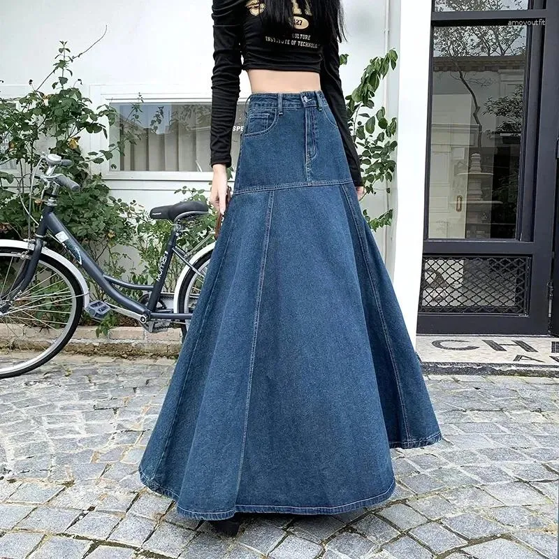 Jupes 2024 Spring automne streetwear femmes denim denim long haute taille a-ligne rétro jean grande taille dame occasionnelle