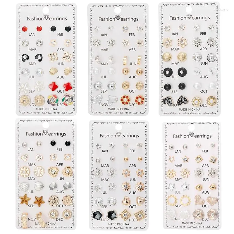 Stud -oorbellen 12 -paren Combinatie Set Crystal Imitatie Pearl Bloem Hartster Klein voor vrouwen Mix Style Month sieraden