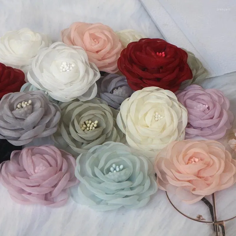 Decorative Flowers 5PCS 5.5CM Organza Chiffon Fabric DIY Rose Flower Headwear Hat Wedding Dress Clothes Hair Accessories Necklace Decoration