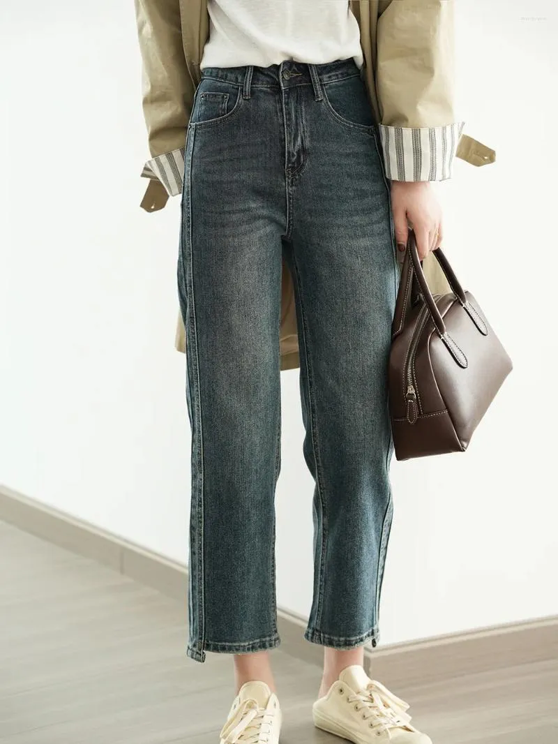 Kvinnors jeans vintage hög midja för kvinnor-2024 Autumn Korean-stil rakbenade slim-fit fotledslängd cigarett denim byxor.