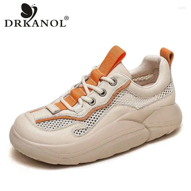 Casual Shoes DRKANOL Fashion Women Summer Sneakers Genuine Leather Air Mesh Lace-Up Thick Bottom Mixed Colors