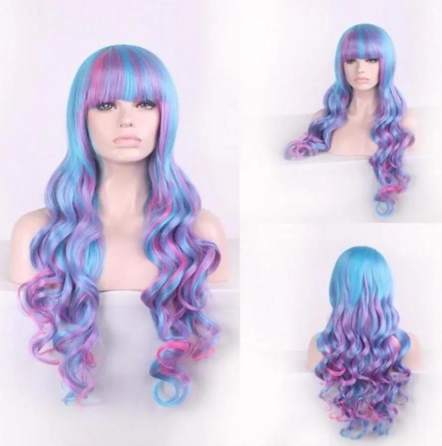 European and American new anime wig female long curly hair Harajuku style gradient blue and purple pick dyeing big wave headgear5367387