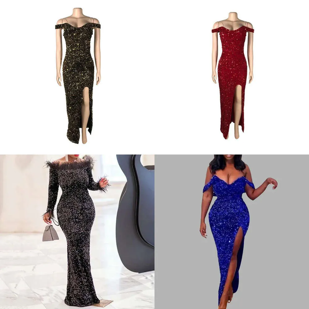 Robes décontractées automne longue fête fête sexy sequinis slash cou plume élégant féminin dîner robe robe african maxi vestiods