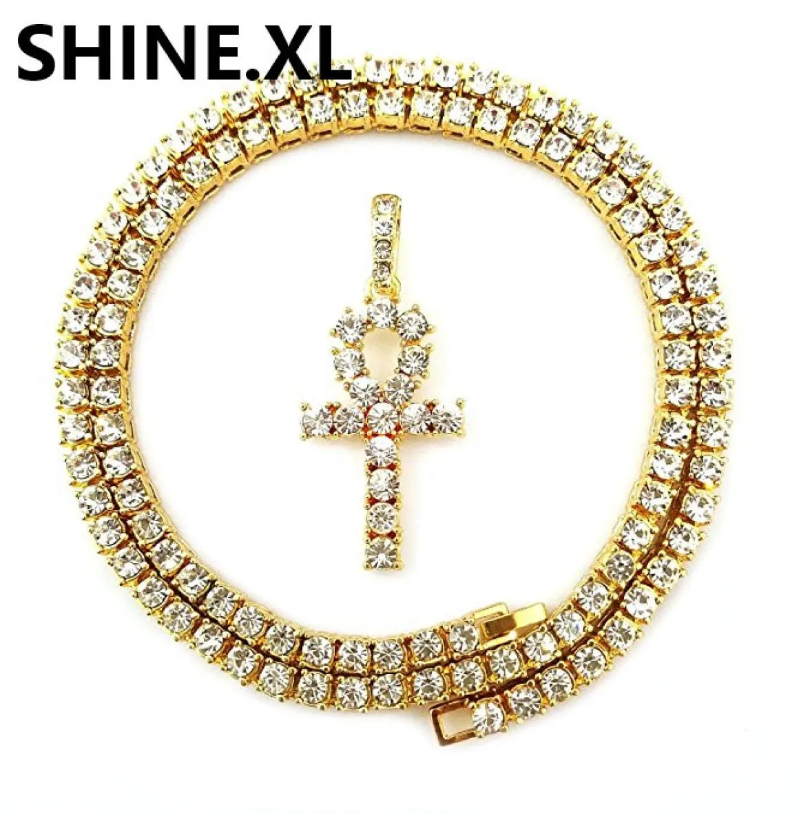 Męskie mrożone Hip Hop Gold Artificial Diamond Ankh Lab Diamond 1 Row Tennis Chain 24 -calowy biżuteria BLING1551345