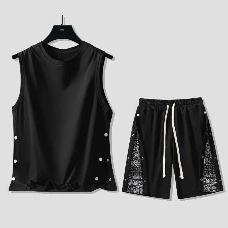 2024 Pure Cotton Short Sleeve Set for Mens Quick Drying Basketball Button Shorts Sleeveless Tank Sports Two Piece Fashion