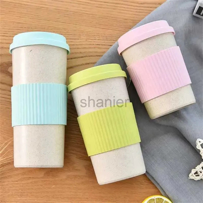 Tasses mignonnes réutilisables tasse de voyage pour aller tasse de tasse de café avec couvercle de tasse de blé à manche pour le thé et le café 240417