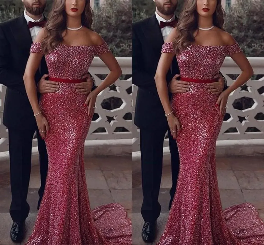 Robes de soirée de sirène rouge ruban paillettes scintillantes hors du train de balayage de l'épaule fabriqué sur mesure 2024 plus taille de la robe de bal de bal arabe de Dubaï Vestidos