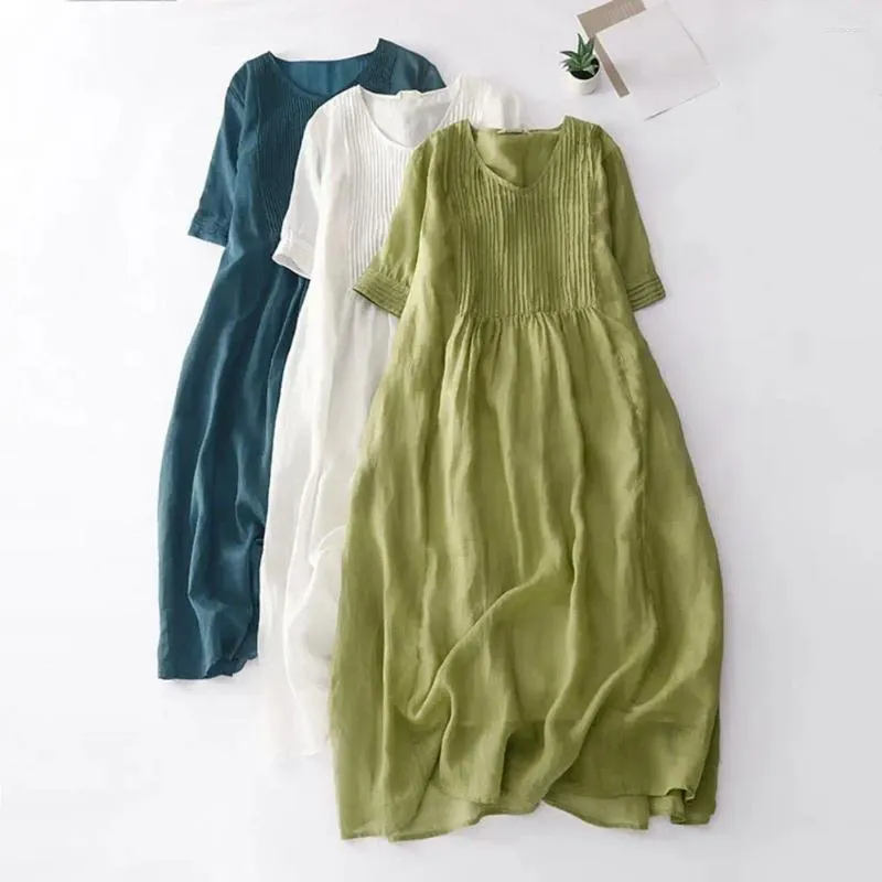 Casual Dresses Summer Dress Elegant Double-layered Midi With Pleated Short Sleeves V Neck For Women Soft Breathable A-line Retro