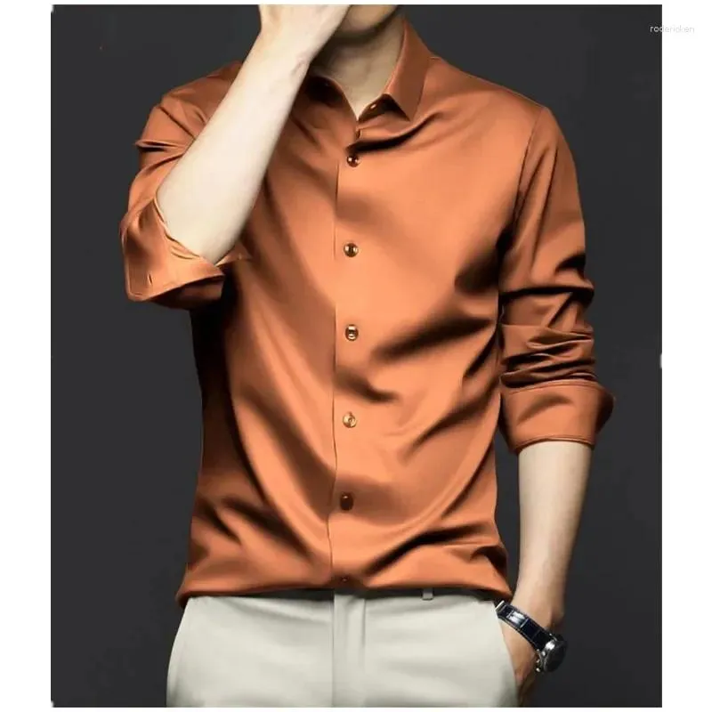 Men's Dress Shirts Luxurious Long Sleeve Shirt 2024 Spring Summer Ice Silk Business Top Wrinkle-resistant Non-iron Solid Men Clothing