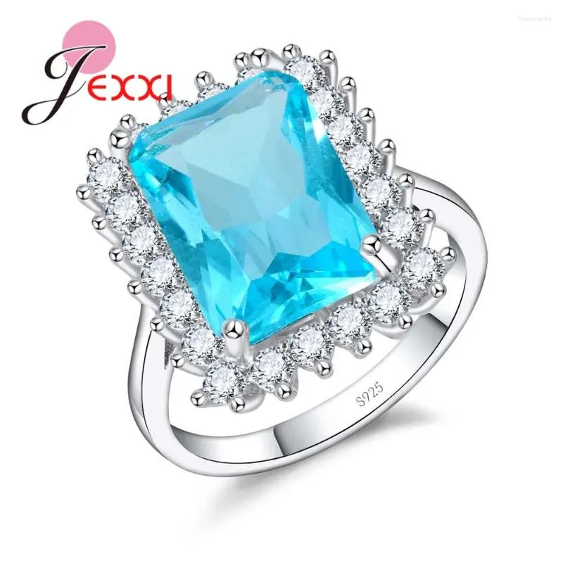 Cluster Rings Gorgeous Square Light Blue Zircon Crystal Ring Simple Fashion 925 Sterling Silver Needle--Jewelry Wholesale Women Finger